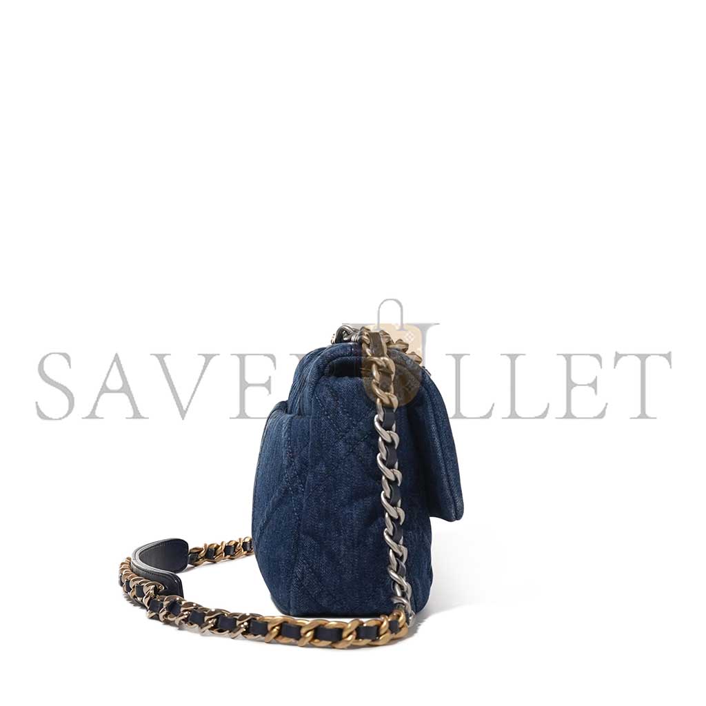 Ch*el blue quilted denim 19 flap bag ruthenium, brushed gold and pale gold hardware as1160 (26*16*9cm)